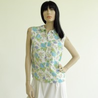 Vintage 1960s 70s White Sleeveless Floral Print Shirt