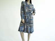 Vintage 1980s Blue Tribal Print A Line Dress