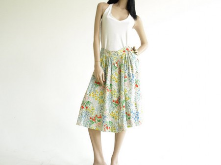 Vintage 1970's Herman Geist White Cotton Floral Midi Skirt