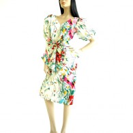 Vintage 1980's White Floral Peplum Pouf Dress