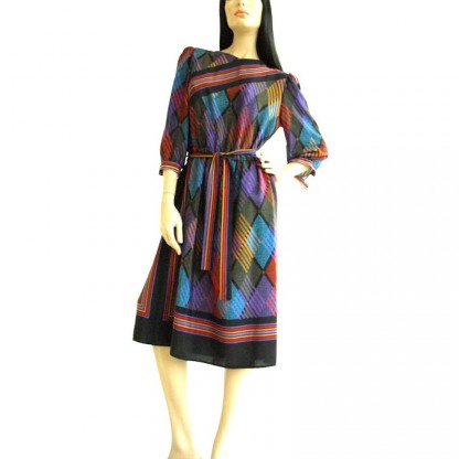Vintage 1980's Leslie Fay Rainbow Stripe Print Dress
