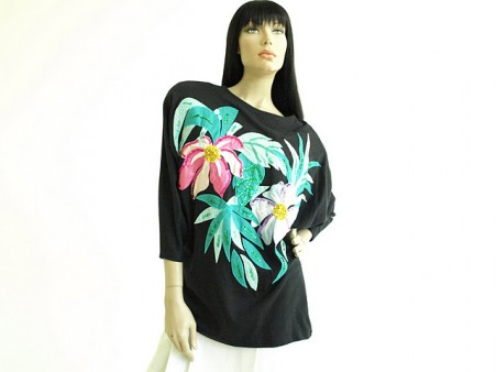 Vintage 1980s Bonnie Boerer Black Tropical Sequin Shirt