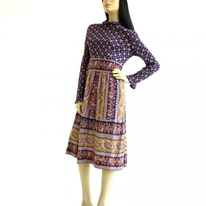 Vintage 1970's Purple Paisley Boho Peasant Dress