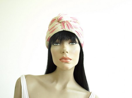 Vintage Adolfo Cream Turban with Pink Polka Dots Hat
