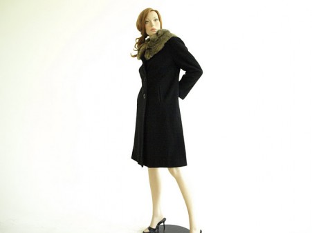 Vintage 1950s Black Coat - Shagmoor Fur Collar Wool Coat