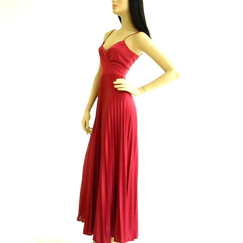 SOLD Vintage 1970s Disco Dress Magenta Pleated Maxi Dress